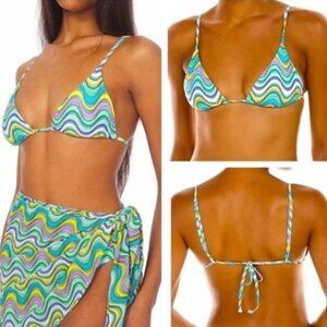 WeWoreWhat 'Cooper' Wavy-Stripe Triangle Bikini Swimsuit Top, Aqua Multicolor